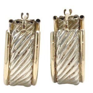 Wide 14K Yellow Gold Framed Sterling Silver Corrugated Hoop Earrings 2.6 Grams